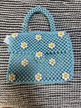 Beaded Daisy Top-Handle Bag in Light Blue
